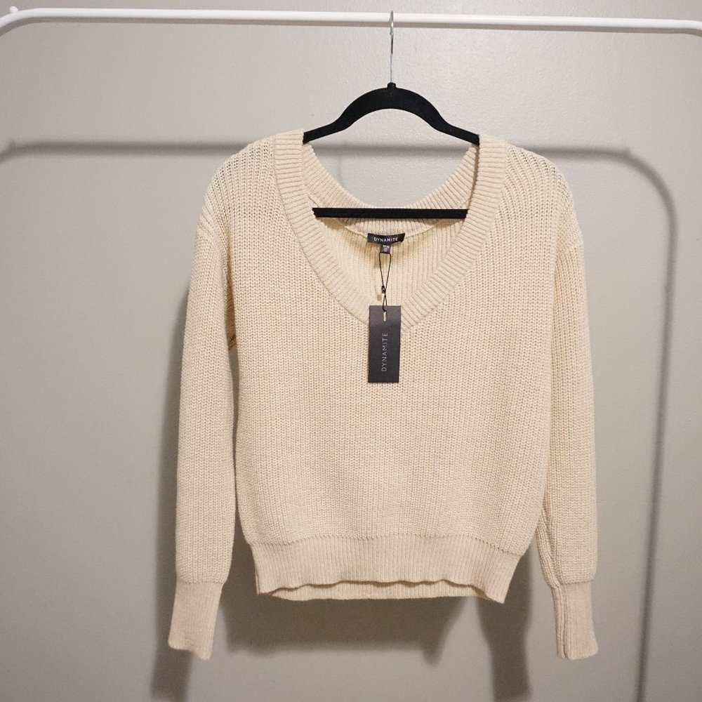 NWT Womens Deep V-Neck Off Shoulder Sweater